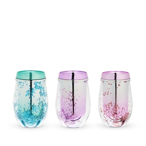 Assorted Mermaid Glitter Stemless Tumblers by Blush. Set of 3