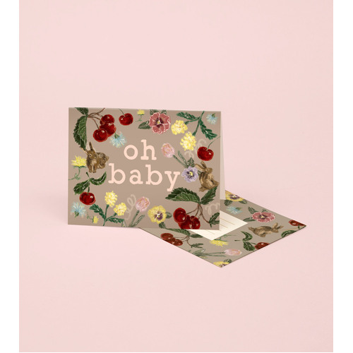 Bunny And Cherry Baby Card - Warm Grey