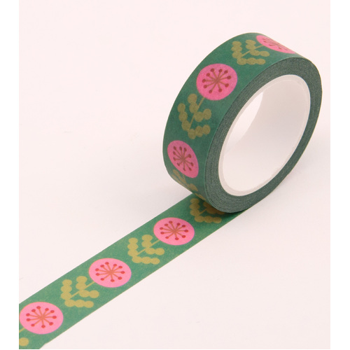 Green and Pink Floral Washi Tape - 15mm 