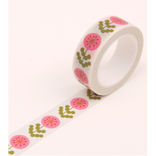 Pink Floral Washi Tape - White - 15mm 